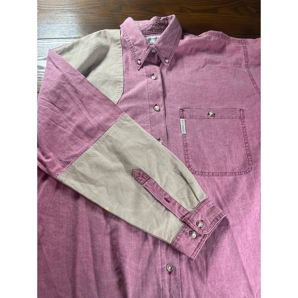 Vintage Columbia Shirt Mens Large Salmon Pink Tan Hunting Quilted Patch AM7090